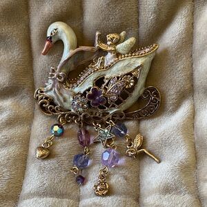 Kirks Folly Swan Brooch with Gold and Purple Charms